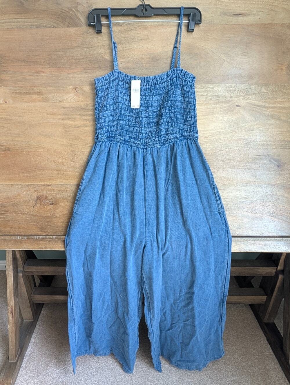 NWT Pilcro Anthropologie Denim Jumpsuit Women Small Blue Smocked Bodice Wide Leg